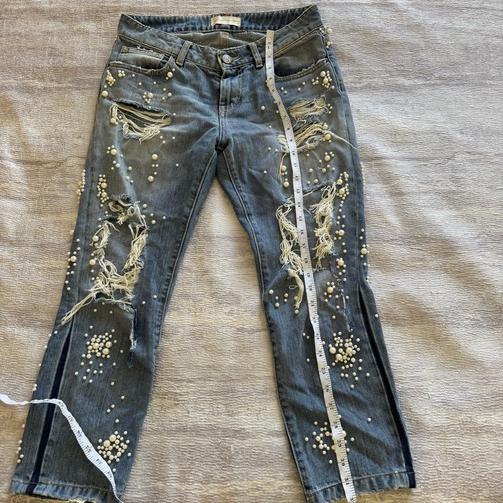 One dress One love Distressed Blue Jeans with Pearl Accents, Size 26-27 - Picture 6 of 9